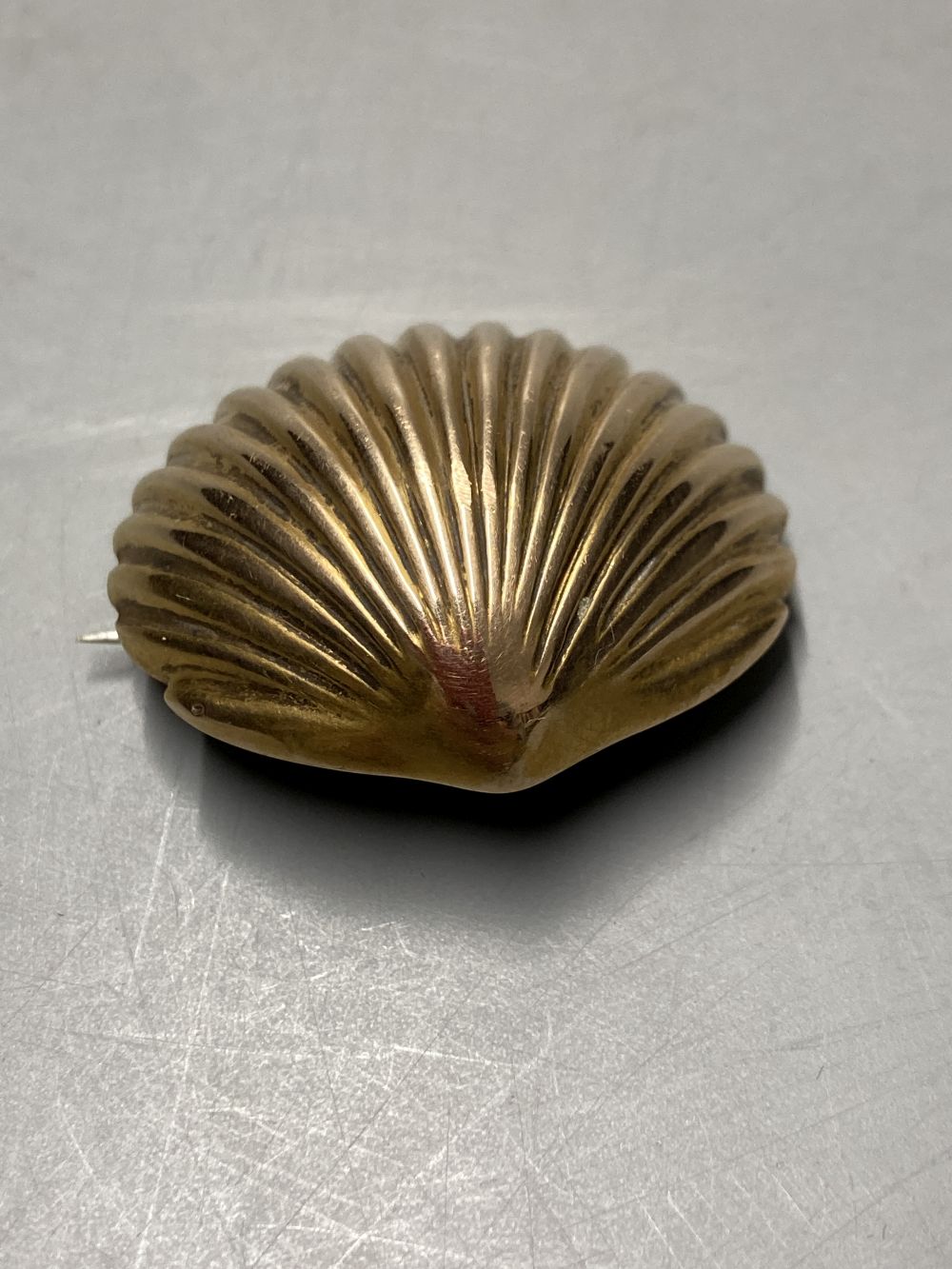 An early 20th century yellow metal (tests as 15ct) shell brooch, with glazed back, width 37mm, gross 10.3 grams.